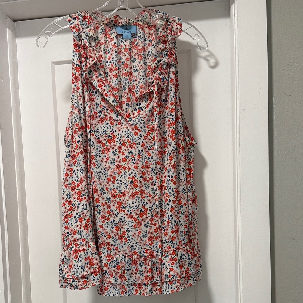CeCe Floral Ruffle Blouse - Red, cream and blue
